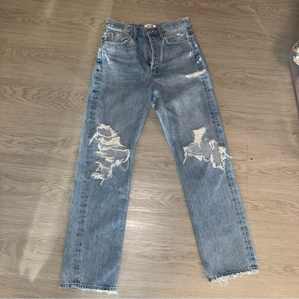 Agolde Jeans Womens 25 Blue 90s Mid Rise Loose Fit Ripped Light Wash Denim